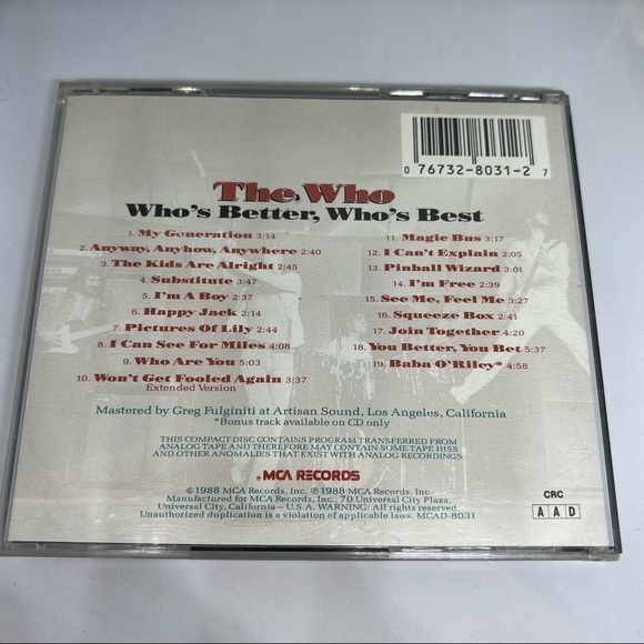 EUC-THE Who-Who's Better, Who's Best-CD 1988 Compilation MCAD-8031MCA Records - Picture 4 of 6